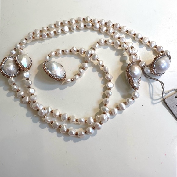Sprig NWOT Freshwater Pearl Long Necklace and Bracelet w/ crystals and beads🤩 - Picture 7 of 11